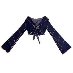 mesh see through long sleeve crop top w/ beige stitching and middle knot